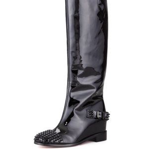 Christian Louboutin Egoutina Spiked Patent Red-Sole Boot, Black 37.5